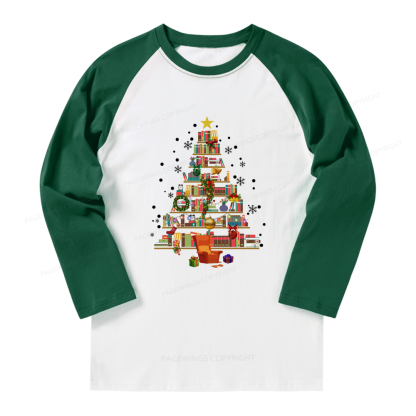 Pagewings Christmas Tree Made Of Books Long Sleeve Raglan T-shirt