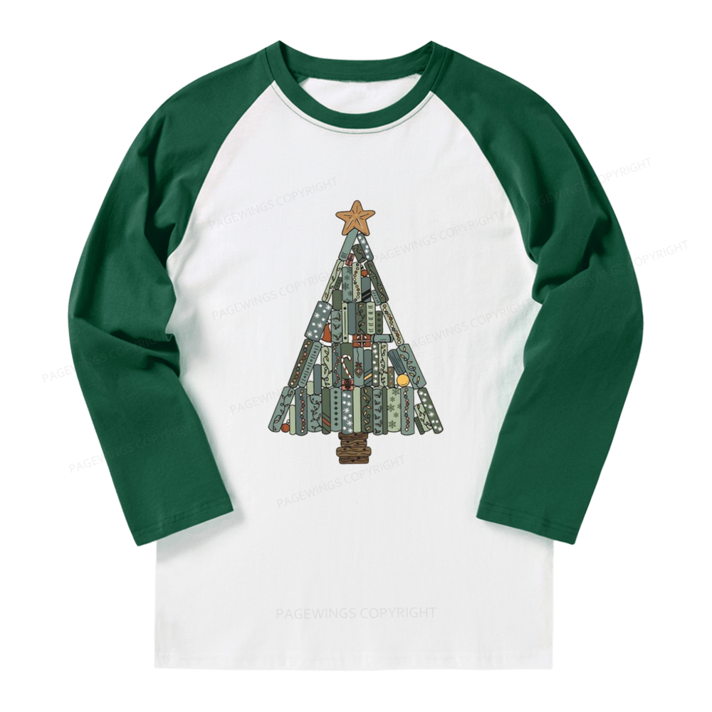 Pagewings Christmas Book Tree Long Sleeve Raglan T-shirt