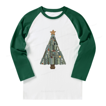 Pagewings Christmas Book Tree Long Sleeve Raglan T-shirt