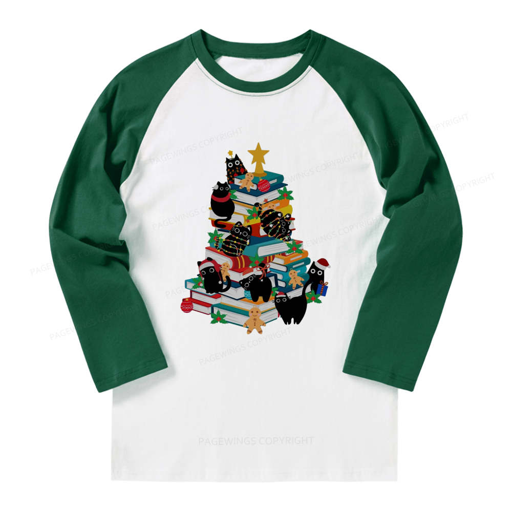 Pagewings Cute Cats Books Christmas Long Sleeve Raglan T-shirt