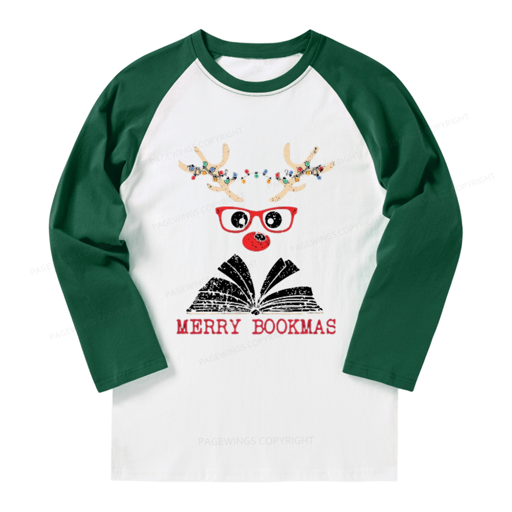 Pagewings Christmas Reindeer Reading Long Sleeve Raglan T-shirt