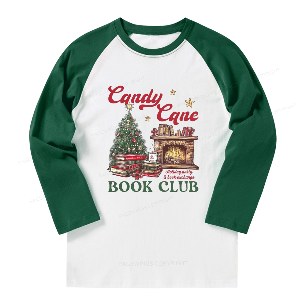 Pagewings Candy Cane Christmas Book Club Long Sleeve Raglan T-shirt
