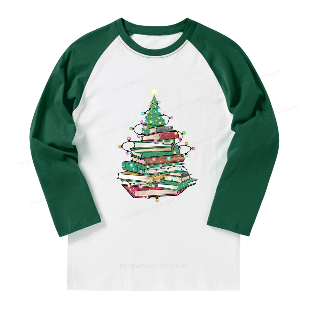 Pagewings Christmas Book Tree Long Sleeve Raglan T-shirt