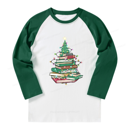 Pagewings Christmas Book Tree Long Sleeve Raglan T-shirt