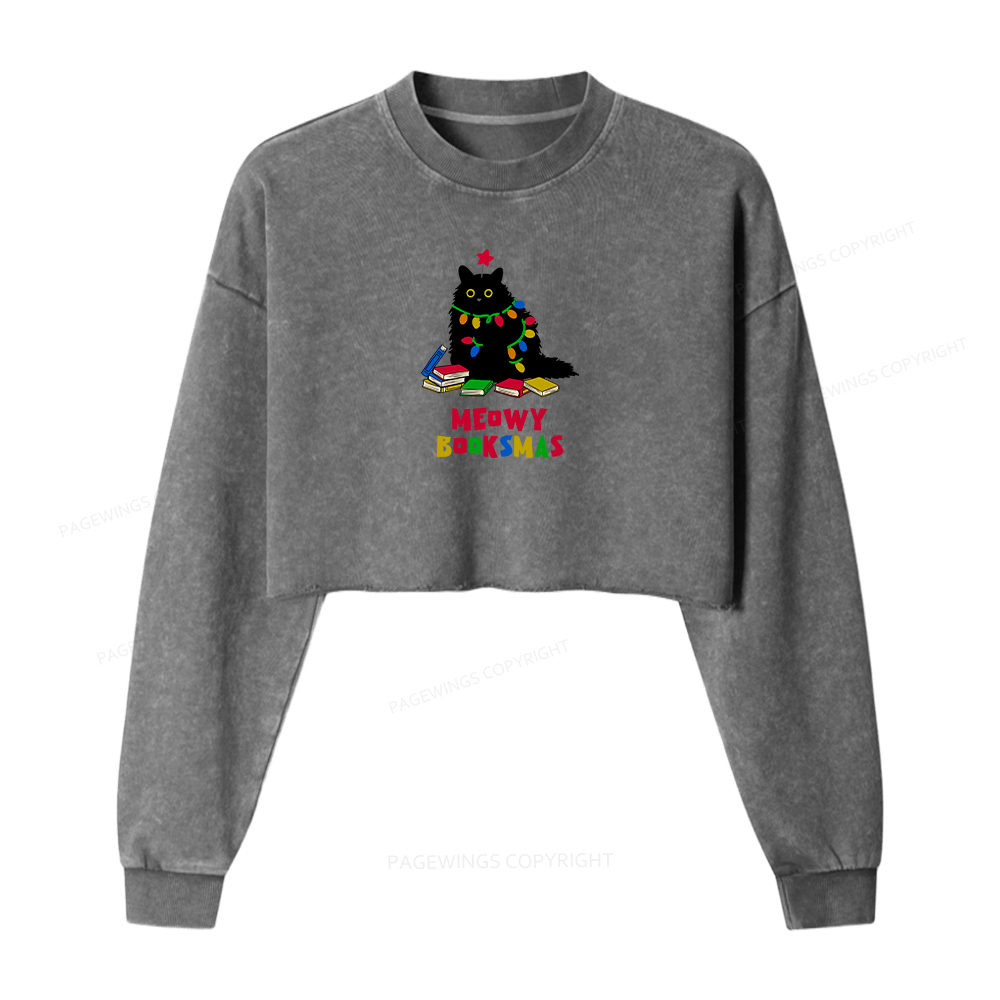 Pagewings Meowy Booksmas Women Washed Crop Sweatshirt