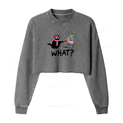 Pagewings Funny Cat Christmas Women Washed Crop Sweatshirt