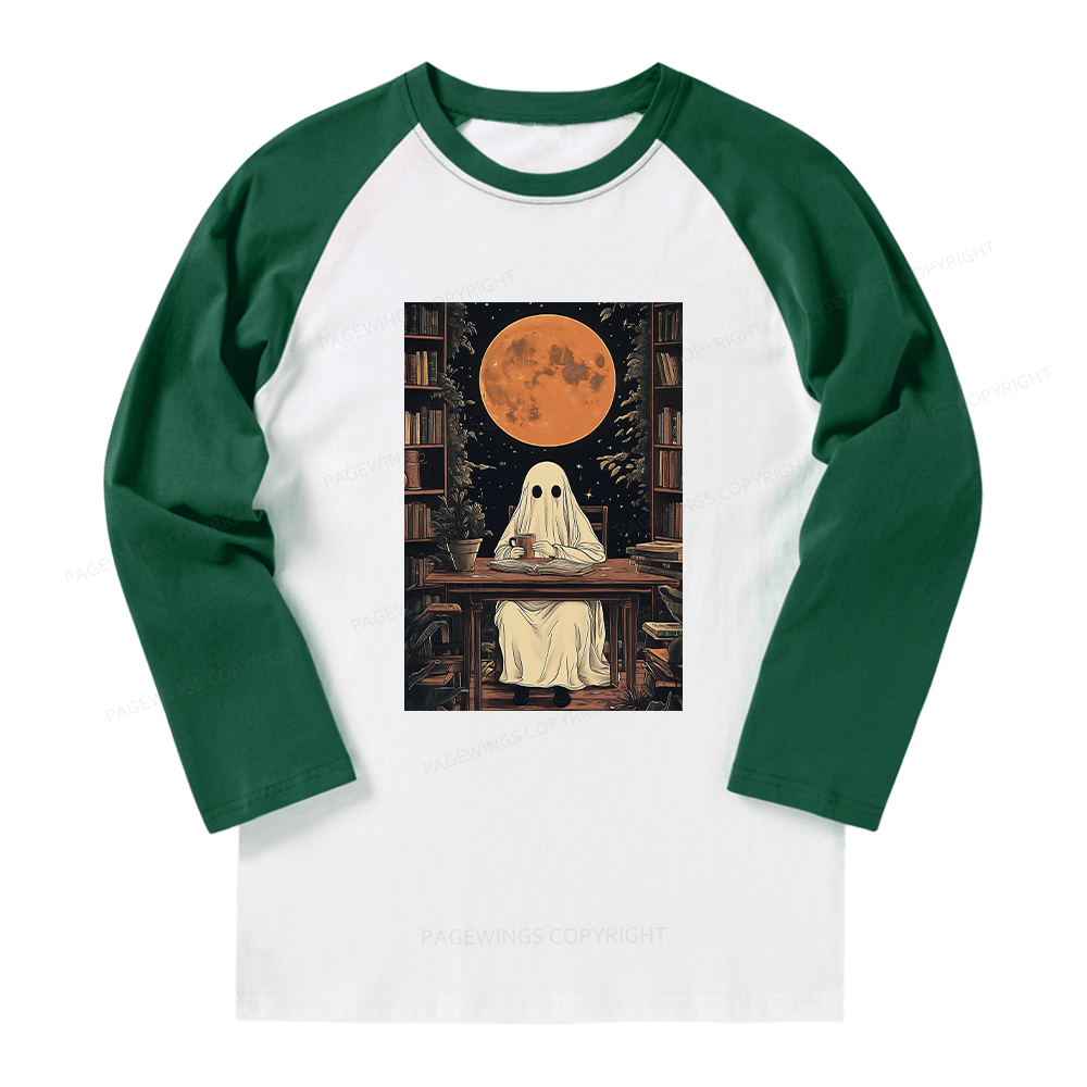 Pagewings Halloween Ghost Books Coffee  Long Sleeve Raglan T-shirt