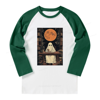 Pagewings Halloween Ghost Books Coffee  Long Sleeve Raglan T-shirt