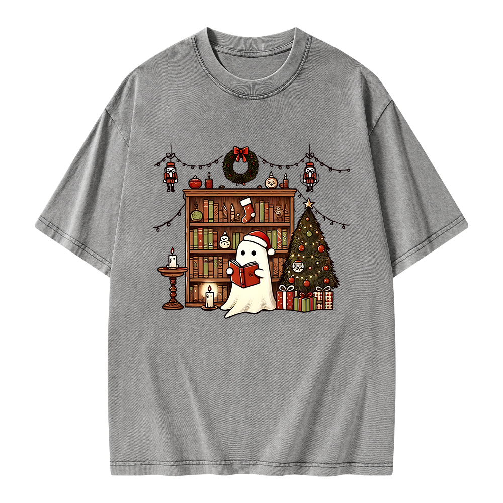 Pagewings Christmas Ghost Book Unisex Washed T-shirt
