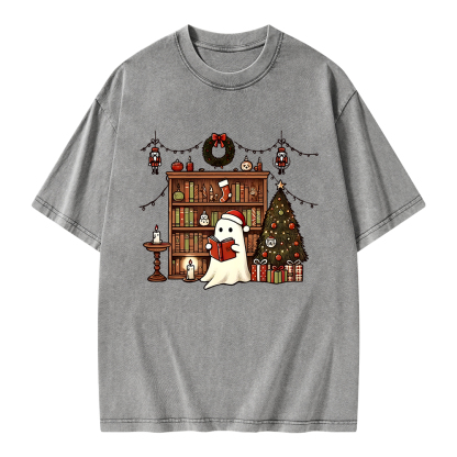Pagewings Christmas Ghost Book Unisex Washed T-shirt