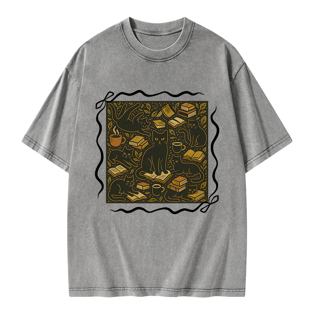 Pagewings Cats And Books Unisex Washed T-shirt