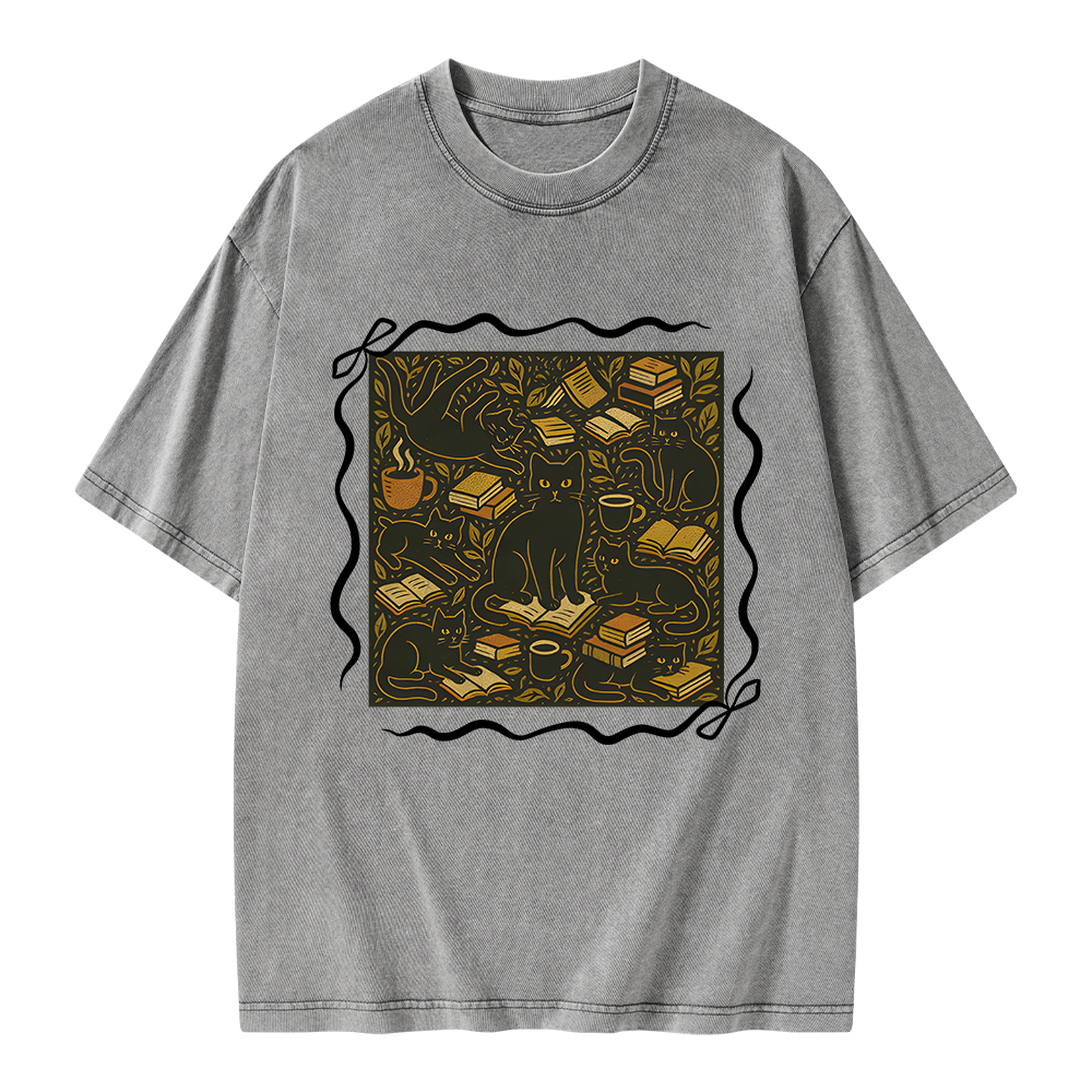 Pagewings Cats And Books Unisex Washed T-shirt