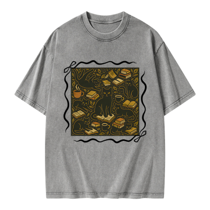 Pagewings Cats And Books Unisex Washed T-shirt