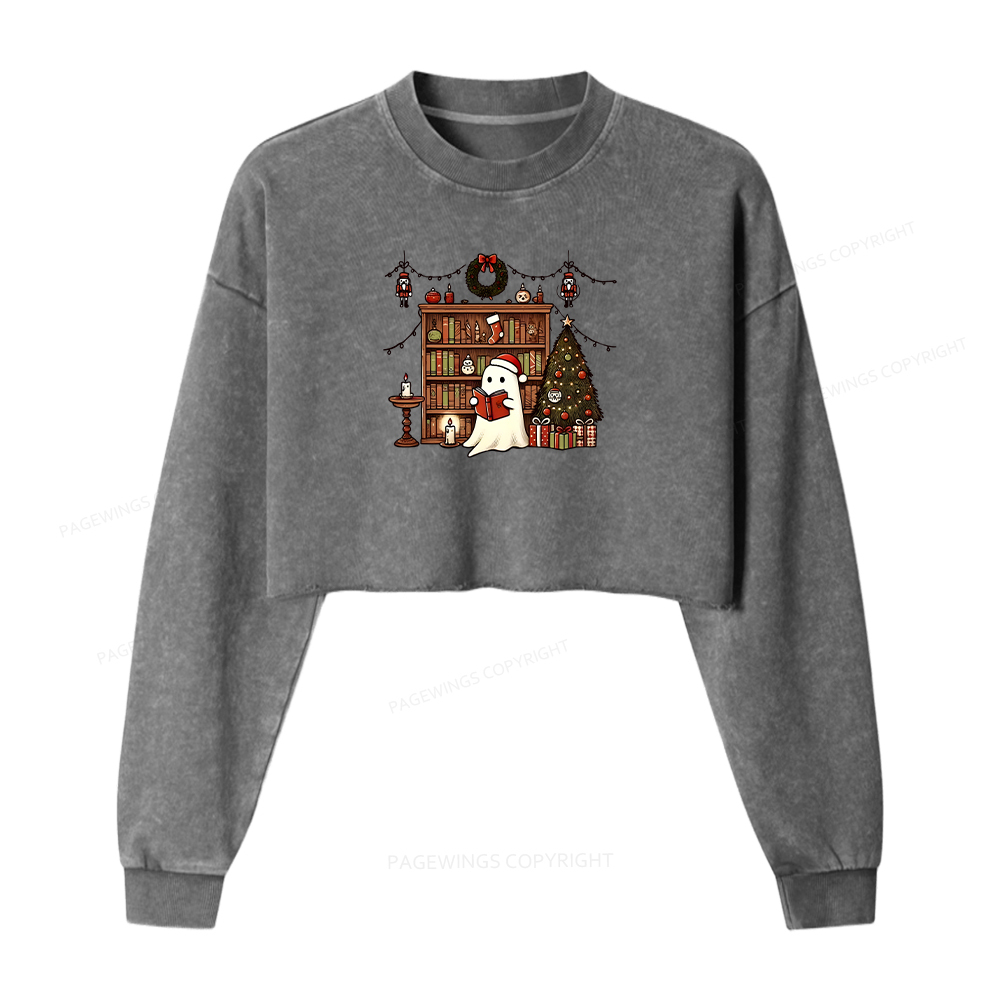 Pagewings Christmas Ghost Book Women Washed Crop Sweatshirt