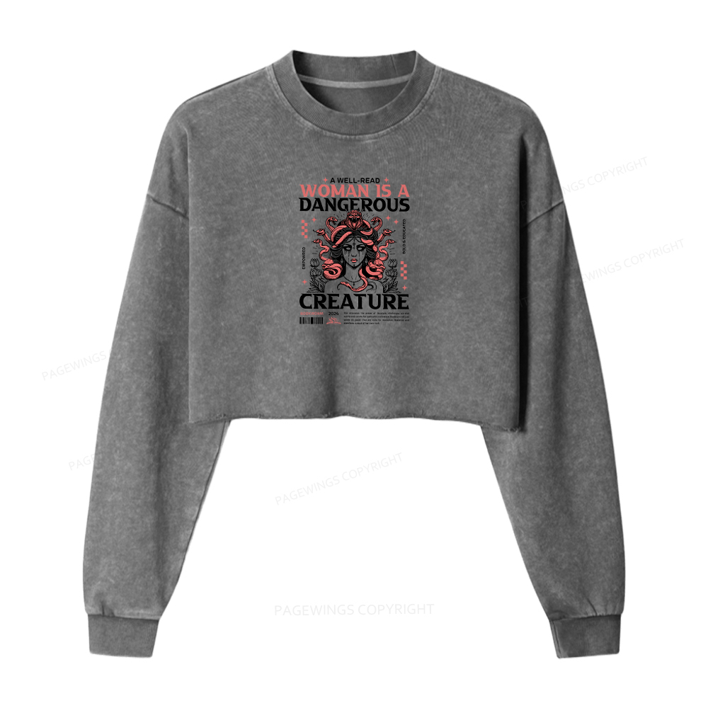 Pagewings A Well-Read Woman is A Dangerous Creature Women Washed Crop Sweatshirt