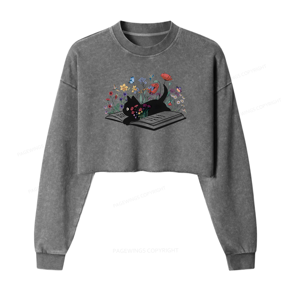 Pagewings Cute Book Cat Women Washed Crop Sweatshirt