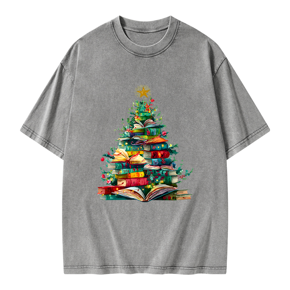 Pagewings Christmas Book Tree Unisex Washed T-shirt