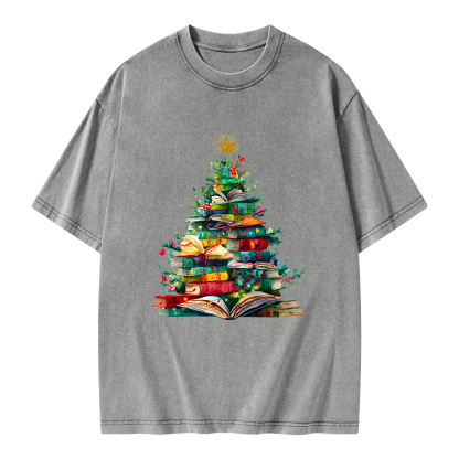 Pagewings Christmas Book Tree Unisex Washed T-shirt