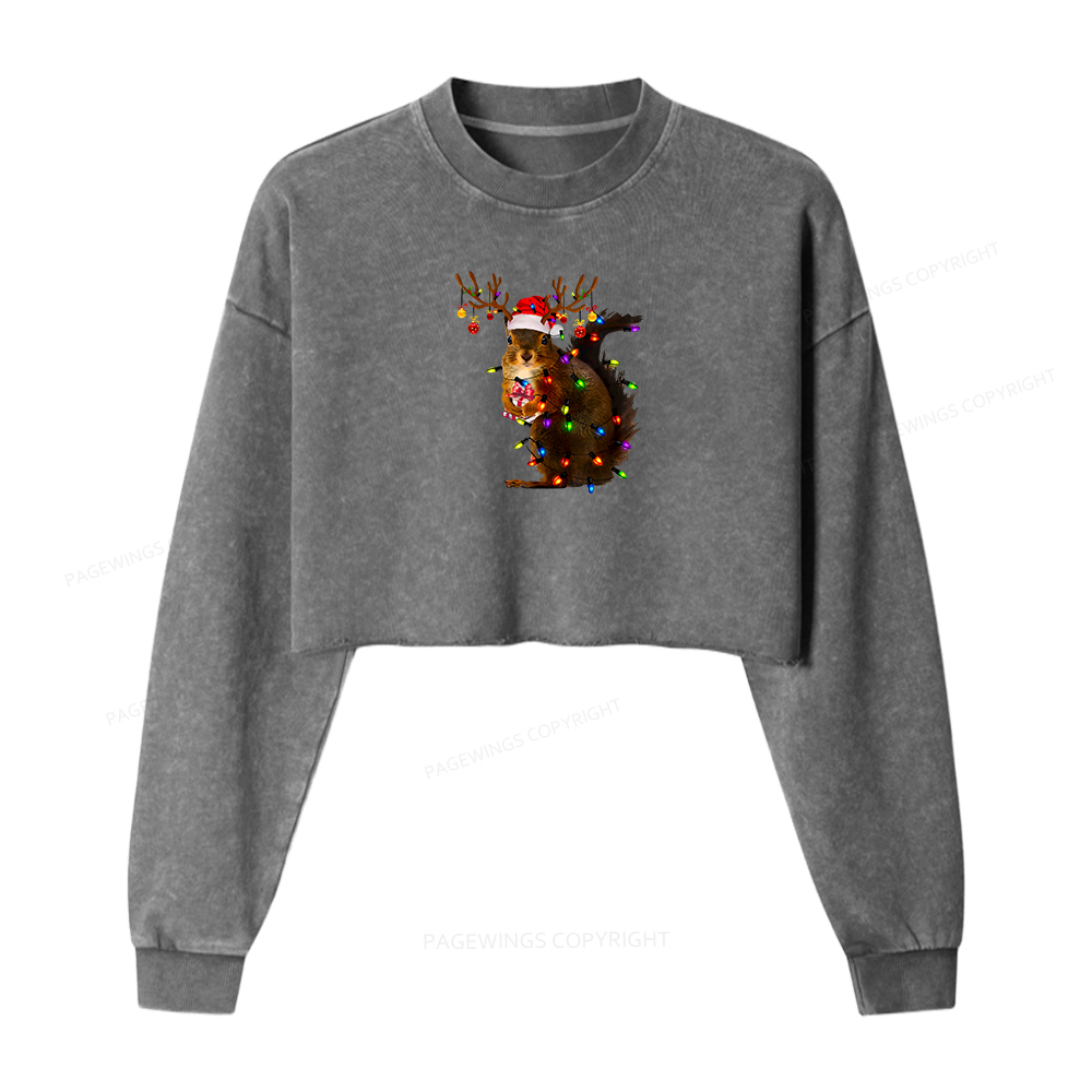 Pagewings Christmas Squirrel Lights Women Washed Crop Sweatshirt
