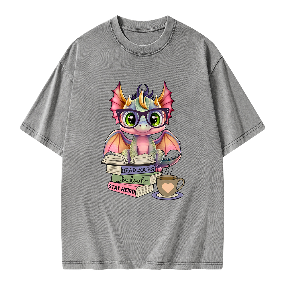 Pagewings Cute Dragon Reading Unisex Washed T-shirt
