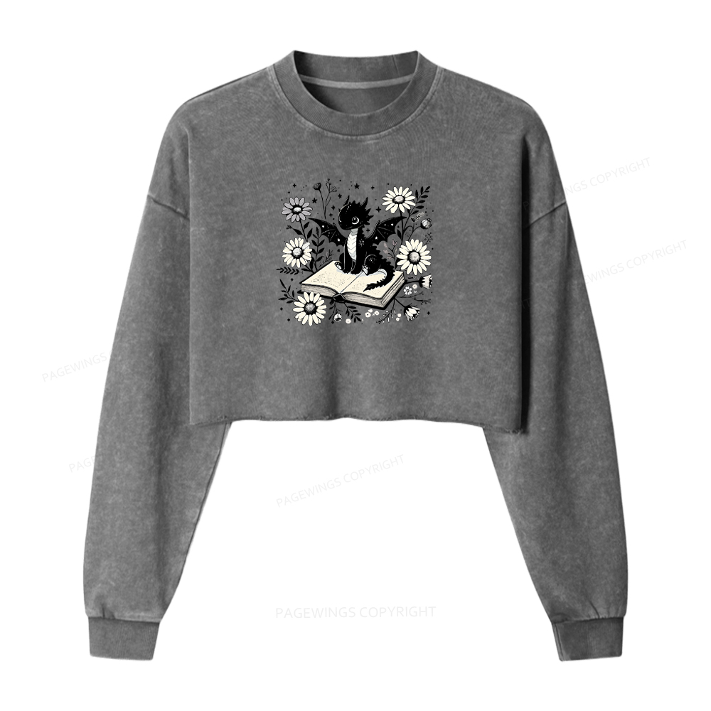 Pagewings Bookworm Dragon Women Washed Crop Sweatshirt