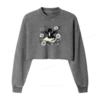 Pagewings Bookworm Dragon Women Washed Crop Sweatshirt