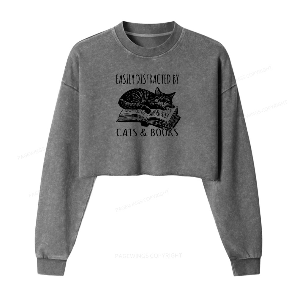 Pagewings Easily Distracted By Cats & Books Women Washed Crop Sweatshirt