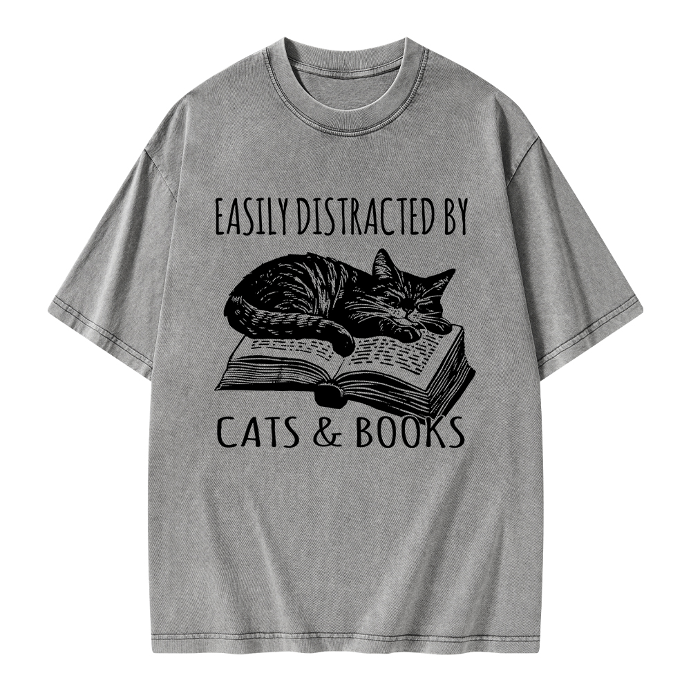Pagewings Easily Distracted By Cats & Books Unisex Washed T-shirt
