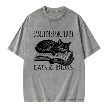 Pagewings Easily Distracted By Cats & Books Unisex Washed T-shirt