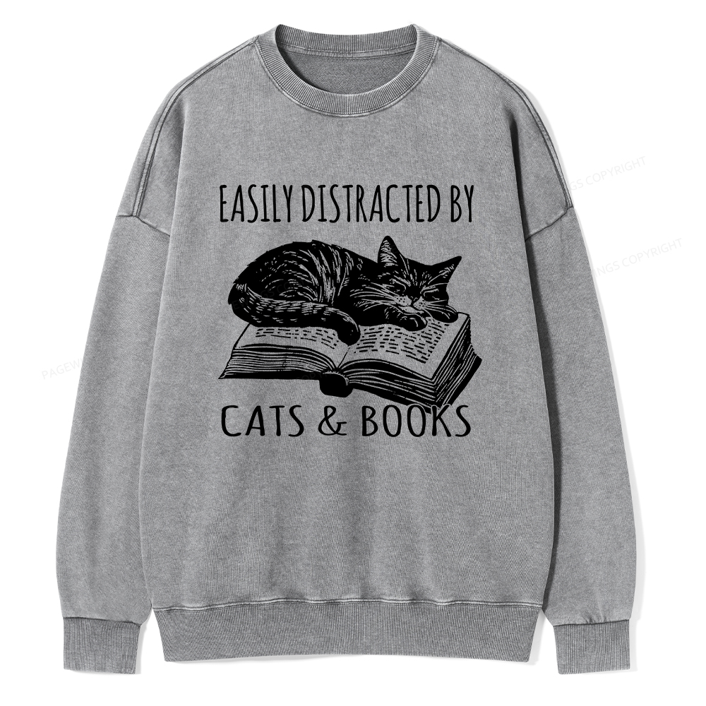 Pagewings Easily Distracted By Cats & Books Unisex Washed Sweatshirt