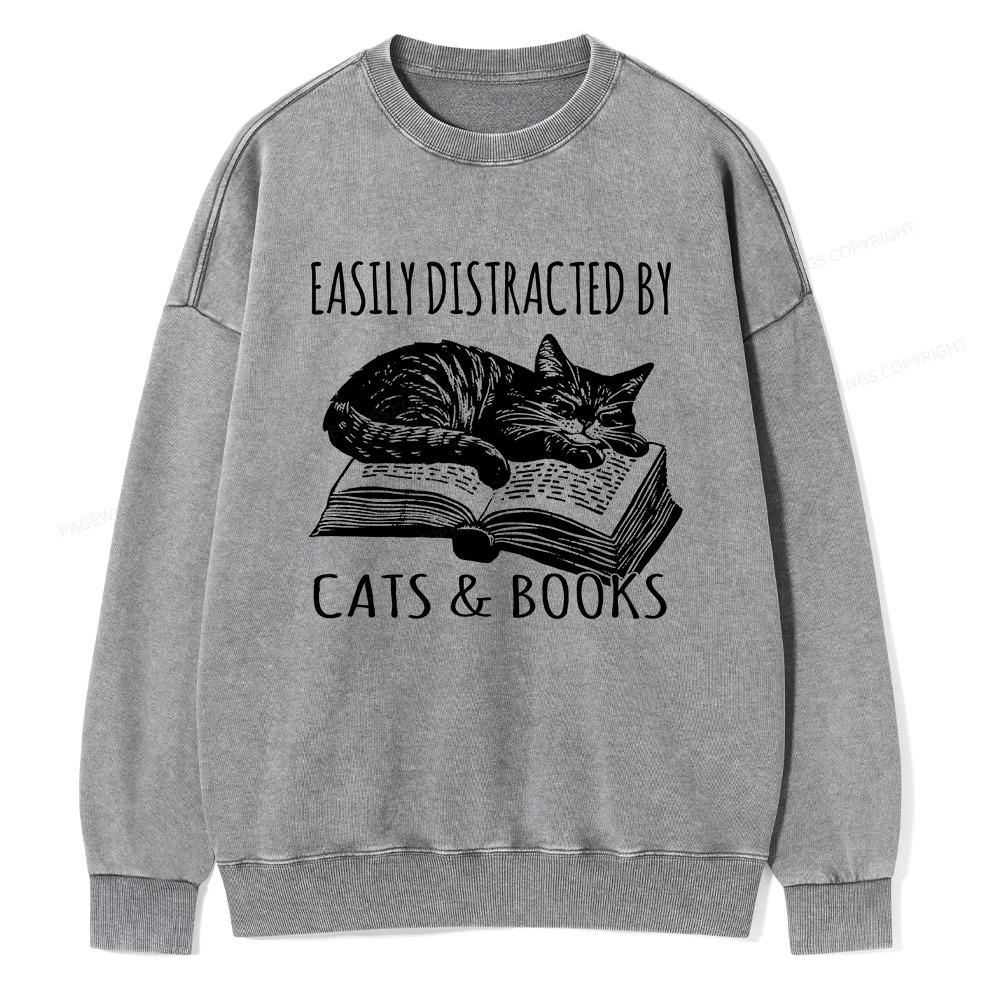 Pagewings Easily Distracted By Cats & Books Unisex Washed Sweatshirt