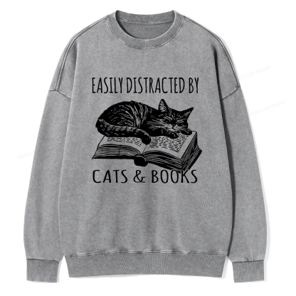 Pagewings Easily Distracted By Cats & Books Unisex Washed Sweatshirt