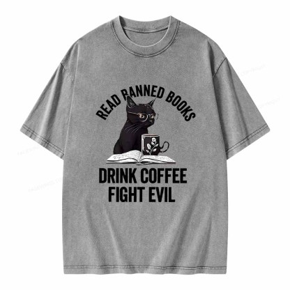 Pagewings Read Books Drink Coffee Fight Evil Shirt Unisex Washed T-shirt