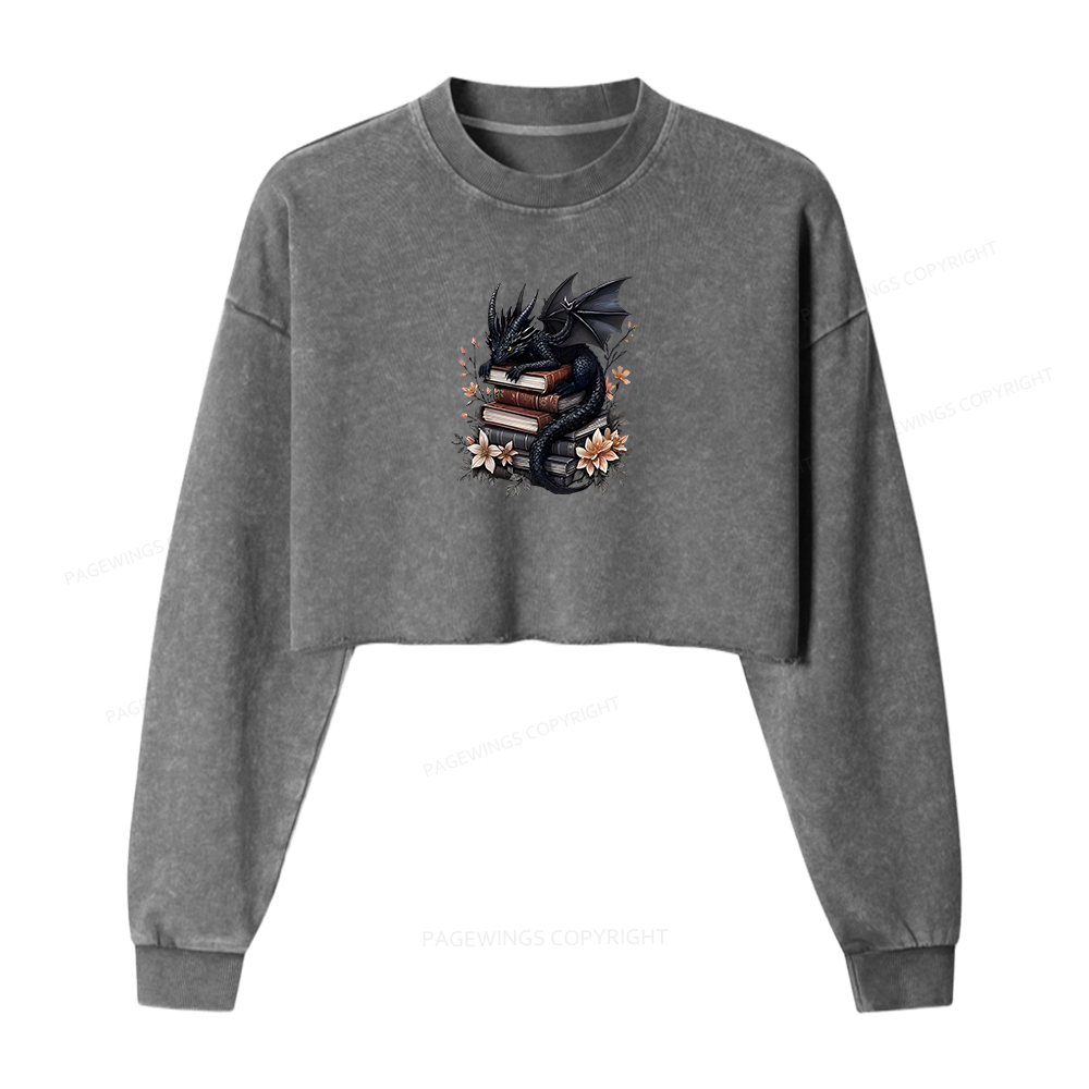 Pagewings Black Dragon Book Women Washed Crop Sweatshirt