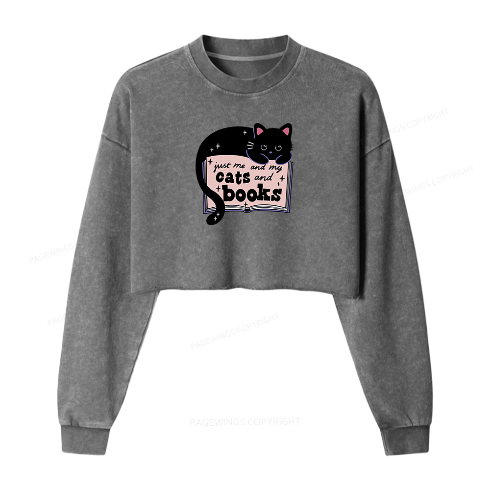 Pagewings Just me my Cats and Books Women Washed Crop Sweatshirt