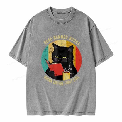 Pagewings Read Banned Books Drink Coffee Fight Evil Retro Cat Lovers T-Shirt Unisex Washed T-shirt