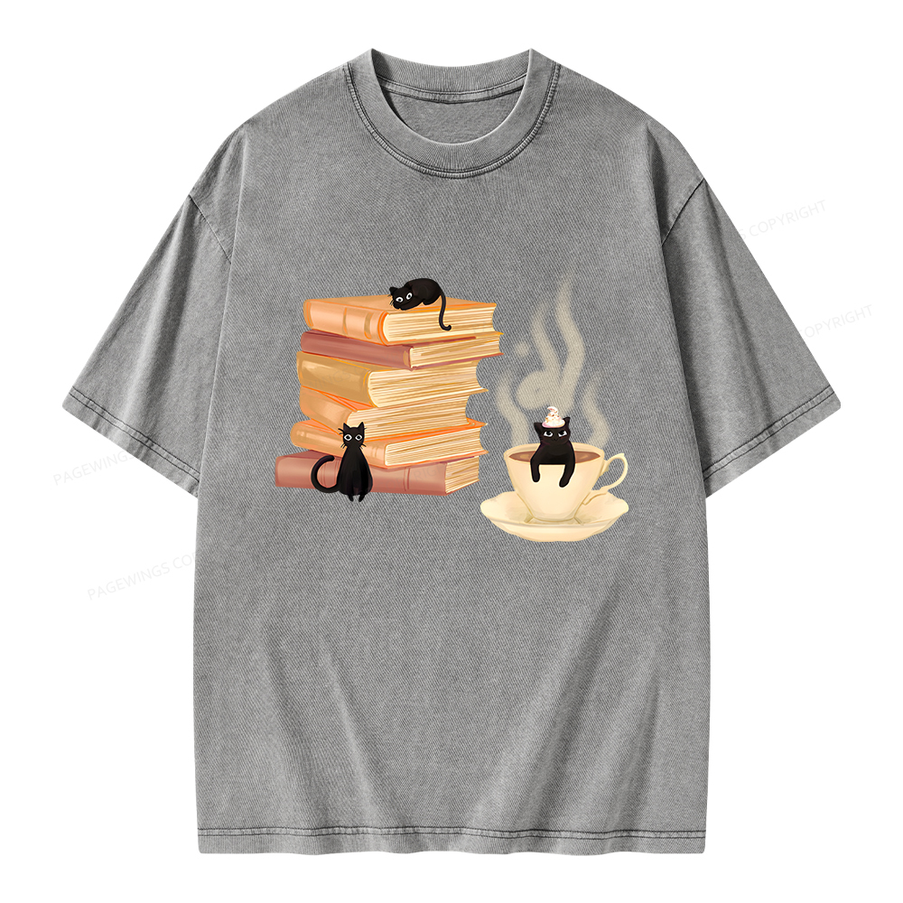 Pagewings Coffee Cats and Books Unisex Washed T-shirt