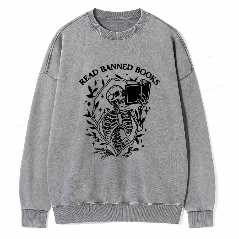 Pagewings Read Banned Books Skeleton Halloween Goth Protest T-Shirt Unisex Washed Sweatshirt