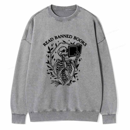 Pagewings Read Banned Books Skeleton Halloween Goth Protest T-Shirt Unisex Washed Sweatshirt