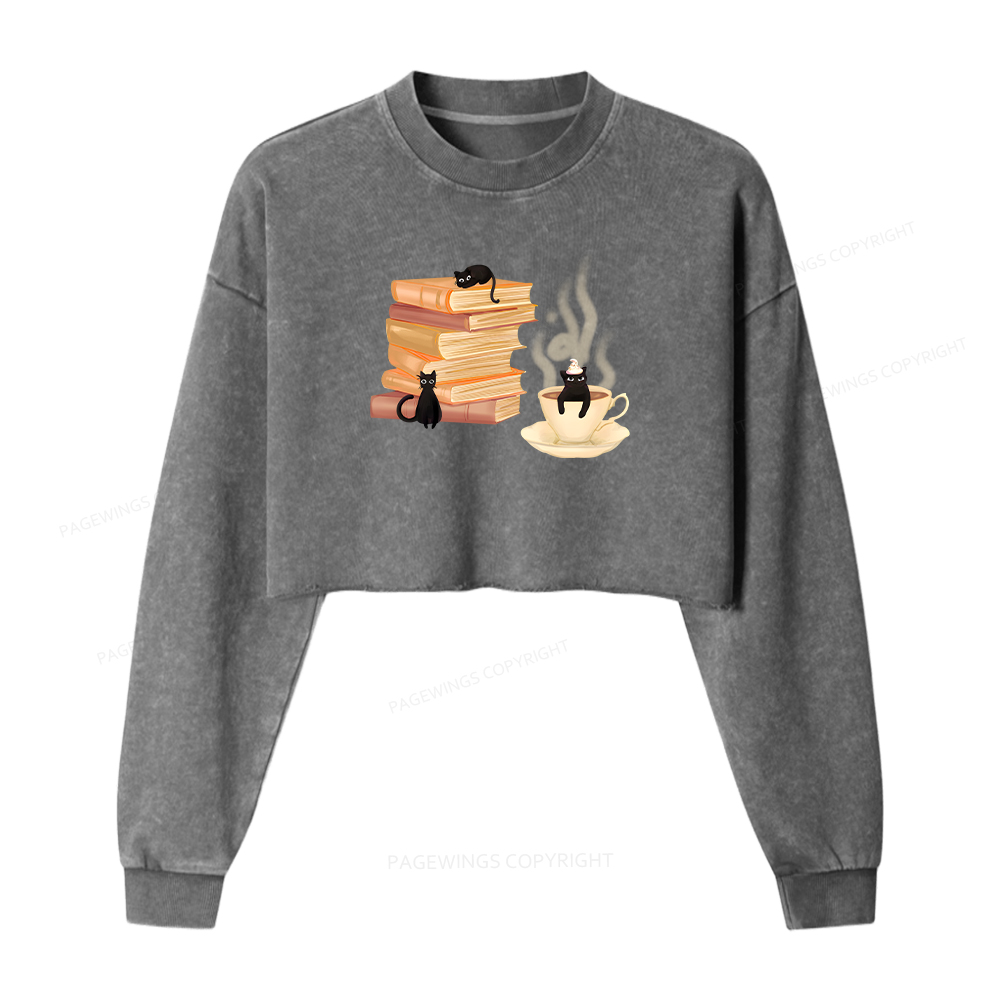 Pagewings Coffee Cats and Books Women Washed Crop Sweatshirt