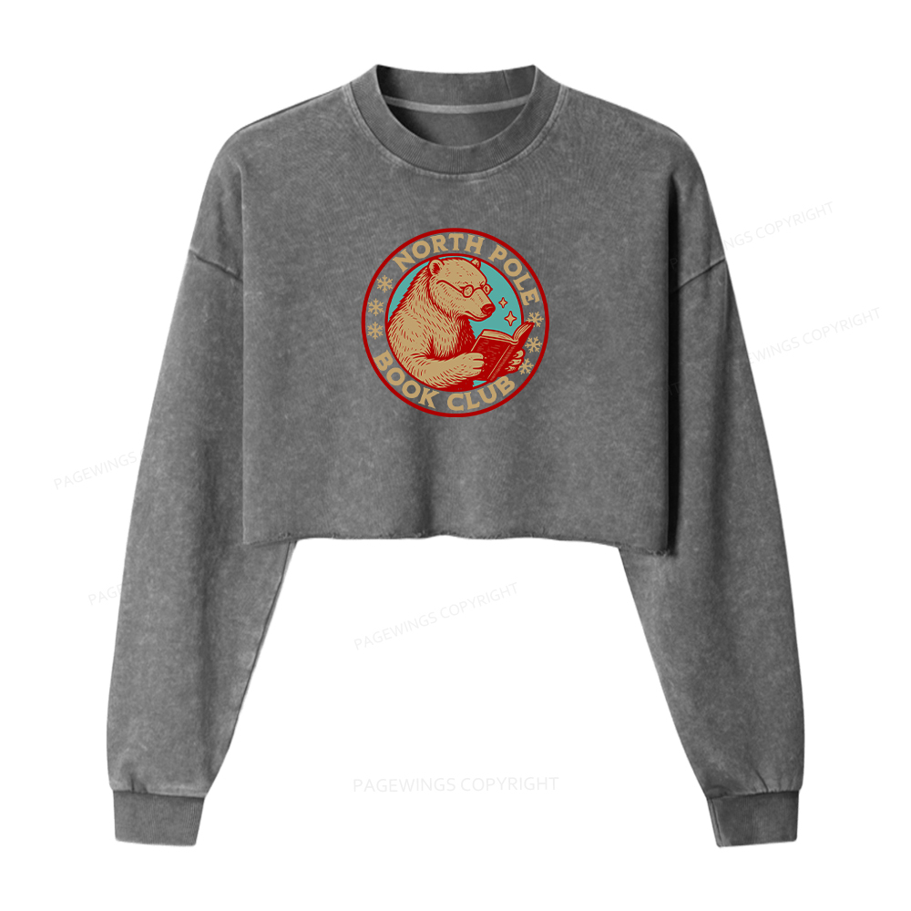 Pagewings North Pole Book Club Women Washed Crop Sweatshirt