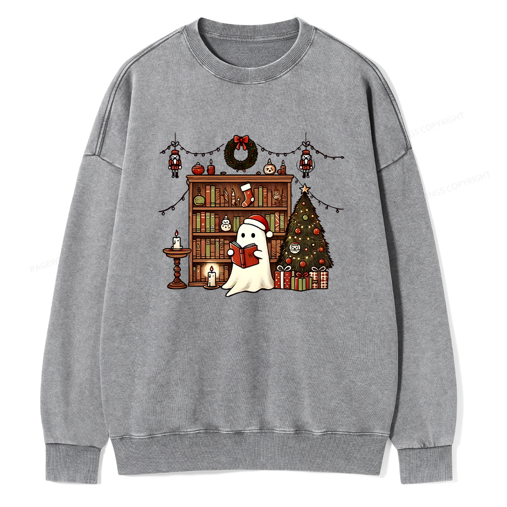 Pagewings Christmas Ghost Book Unisex Washed Sweatshirt