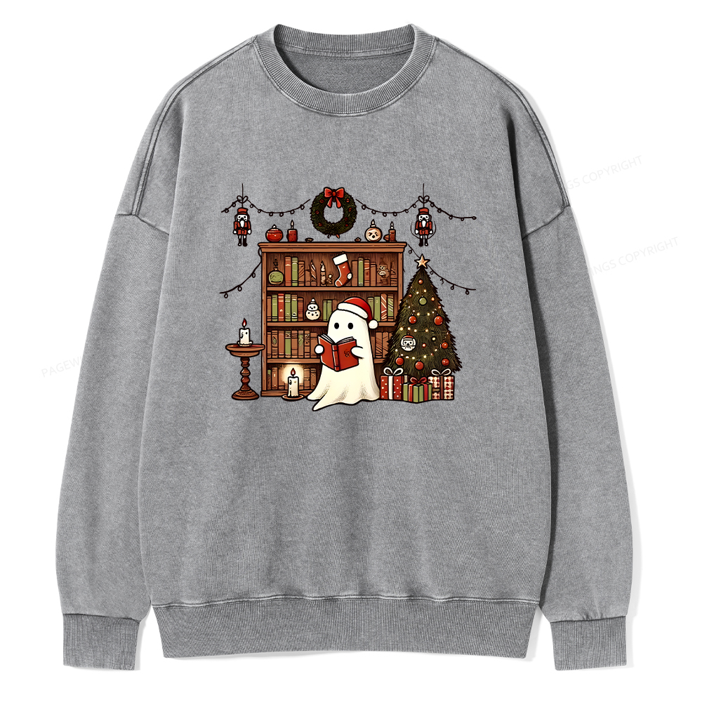 Pagewings Christmas Ghost Book Unisex Washed Sweatshirt