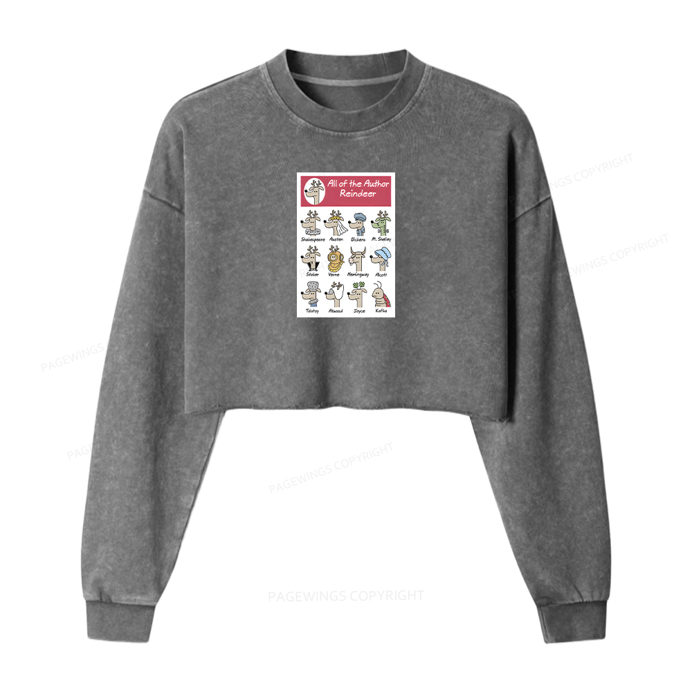 Pagewings All Of The Author Reindeer Women Washed Crop Sweatshirt