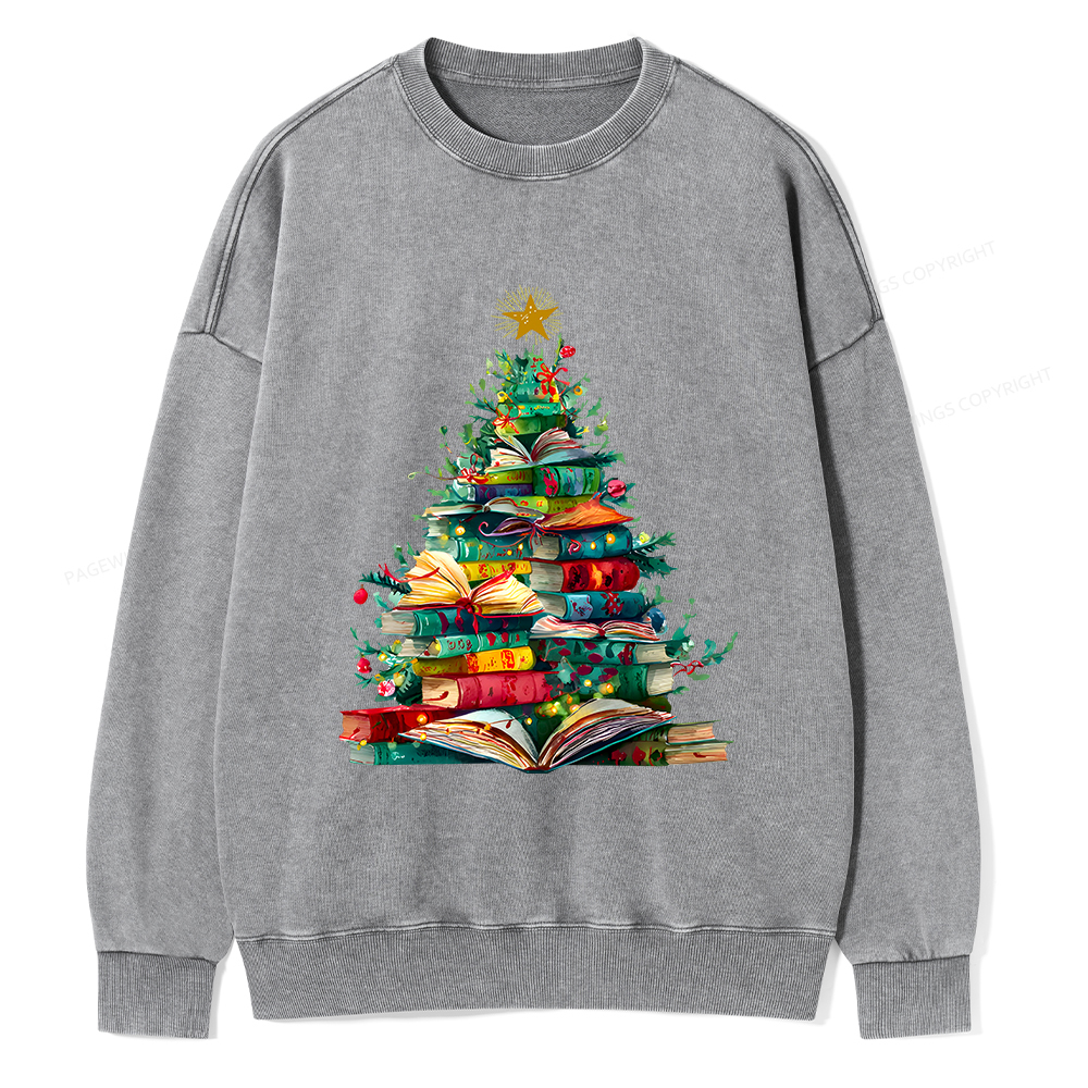 Pagewings Christmas Book Tree Unisex Washed Sweatshirt