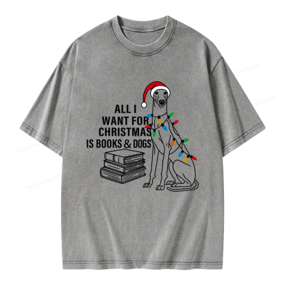 Pagewings All I Want For Christmas Is Books and Dogs Unisex Washed T-shirt
