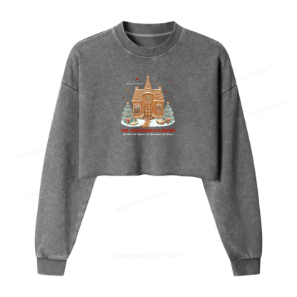 Pagewings Gingerbread Library Women Washed Crop Sweatshirt