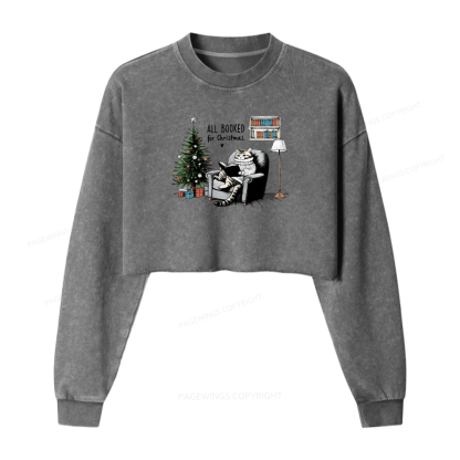 Pagewings All Booked for Christmas Women Washed Crop Sweatshirt