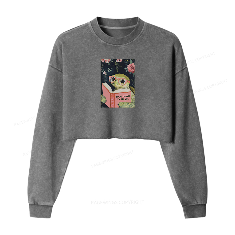 Pagewings Sea Turtle Women Washed Crop Sweatshirt