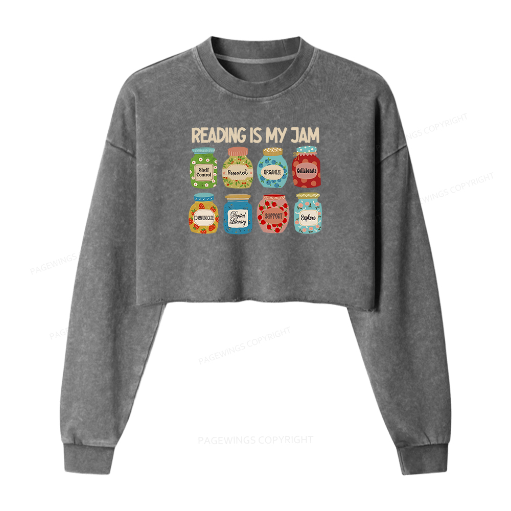 Pagewings Reading is My Jam Bookworm Women Washed Crop Sweatshirt